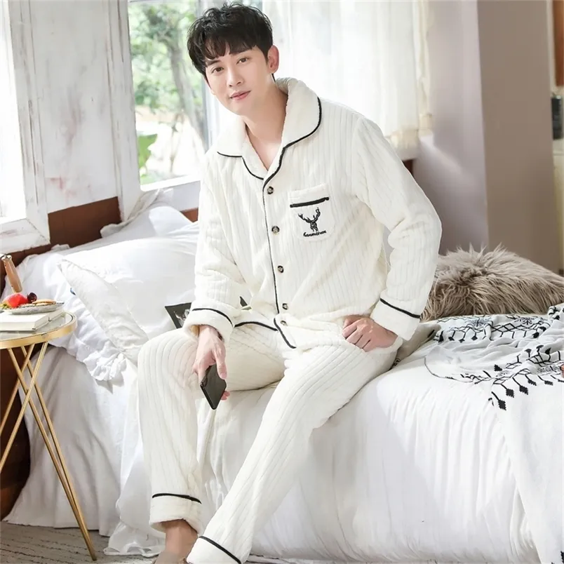 Plus Size White Nightwear Long Sleeve Winter Pijama Thicken Warm Flannel Pajamas Set Soft Sleepwear Male Men Pyjamas Set LJ201112