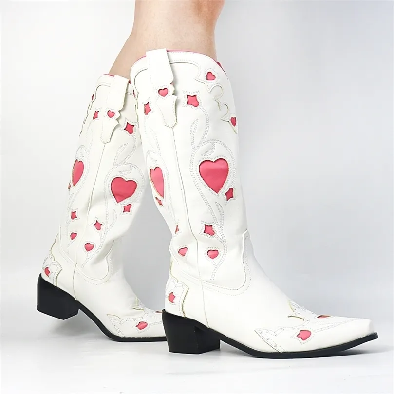 Cowgirls Cowboy Wesetrn Kadınlar için Kalp Saçlı Toe Çiçek Nakış Tutkun Topuk Diz Yüksek Vintage Binicilik Botları 220808