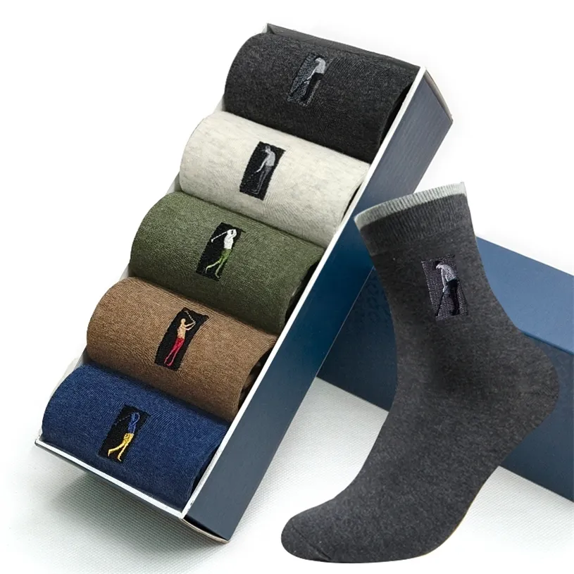 5 pairs High Quality Embroidery Men's Cotton Socks For Male Business Brand Deodorant Dress socks men's Outdoor Baseball 220323