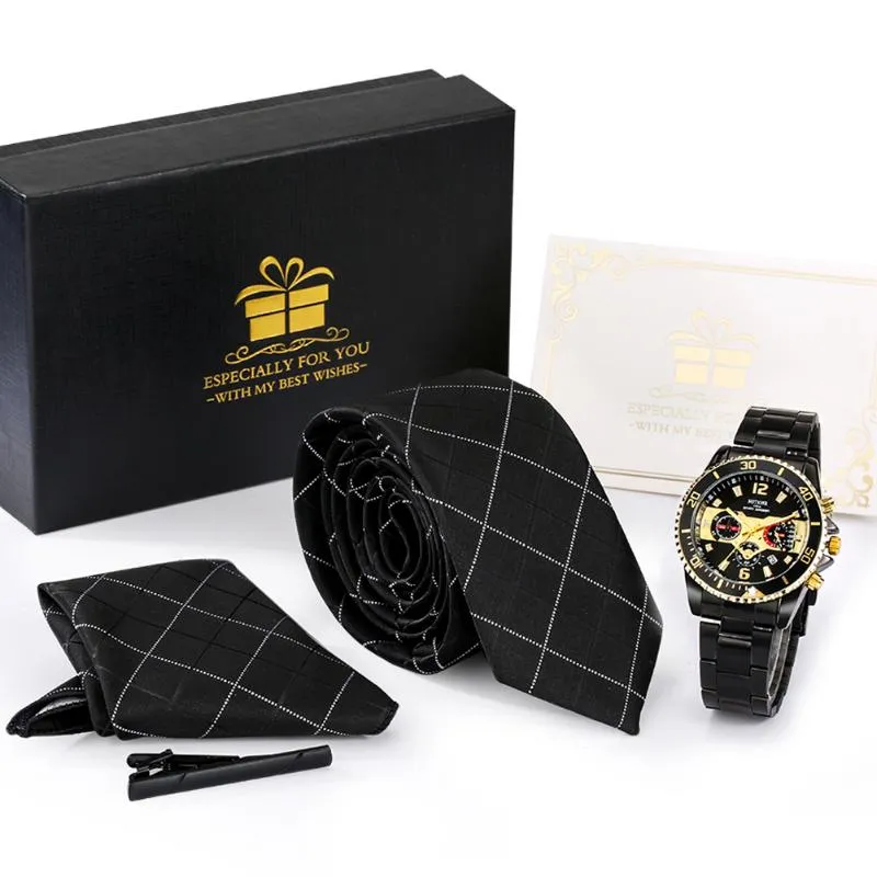 Нарученные часы 4PCS Mens Luxury Business Watchse Nevanless Steel Quartz Frist Men Tie Gift Set Fashion Black Watch for Regalos para hombrewris