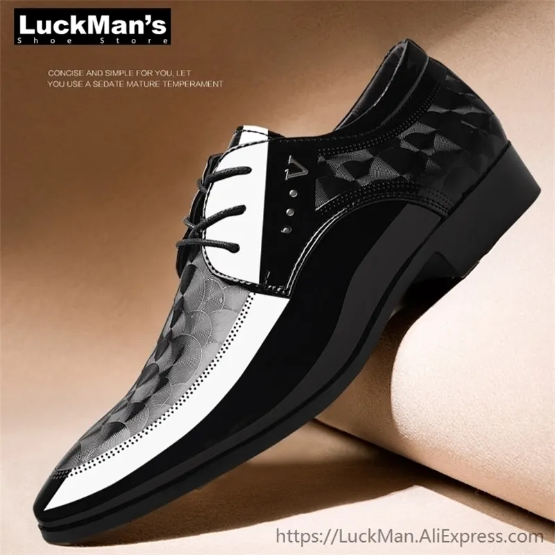 Luckman Italian Oxford를위한 이탈리아 옥스포드 남성 디자이너 특허 가죽 검은 남성 뾰족한 발가락 드레스 신발 클래식 더비 Y200420 gai gai gai