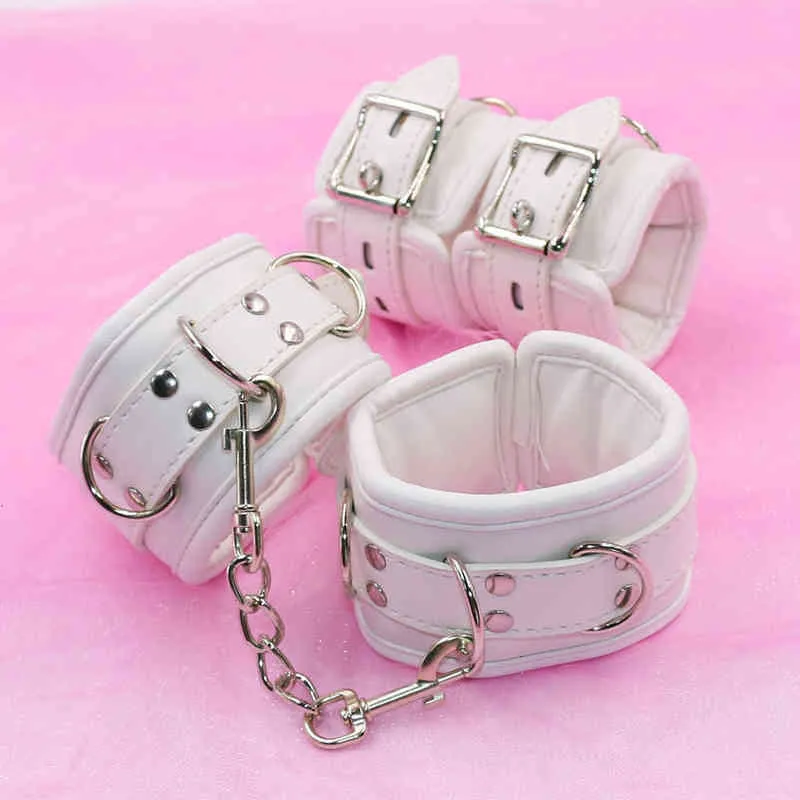 Nxy Bondage Bdsm White Pu Leather Soft Padded Handcuffs Anklecuffs for Sex Games Restraint Cosplay Wrist Hand/ankle Cuffs Toys 220419