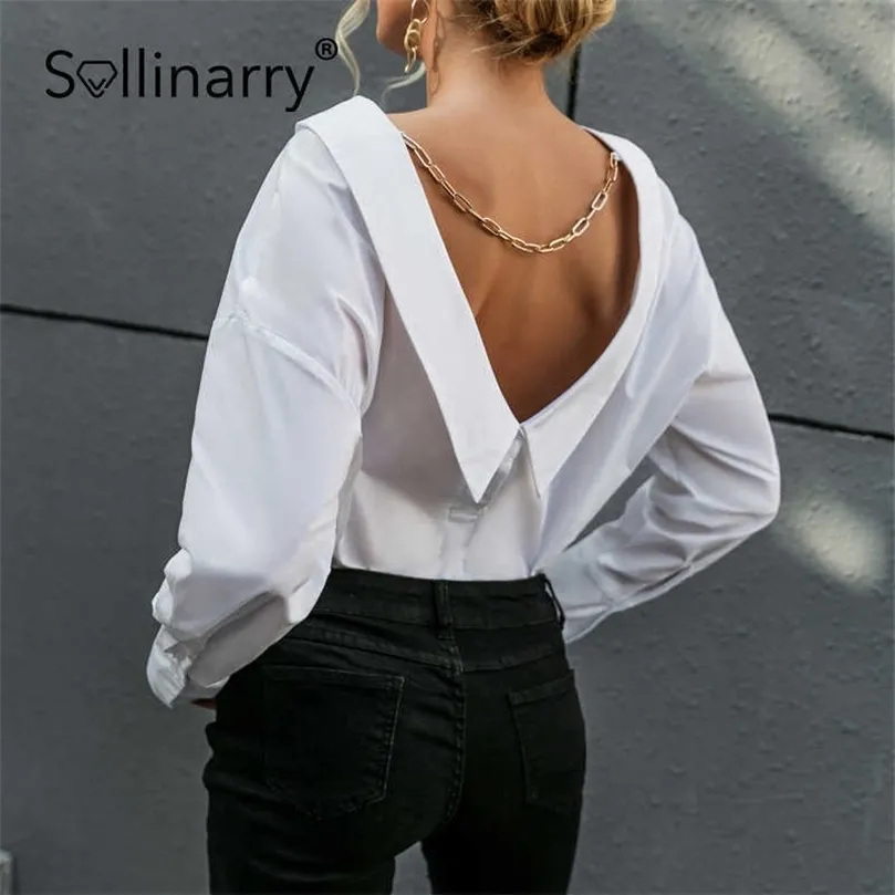 SollinArrry v Neck White Backless Chain Women Blouse Long Sleeves Botton Turn Down Collar Topsエレガントな春のブラウスレディース210709