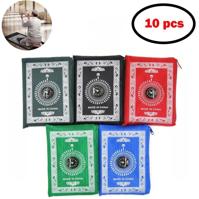 10pcs Muslim Prayer Mat Carpet Rug with Compass Portable Waterproof Travel Pocket Islamic Arab Mats tapis de priere islam 220401