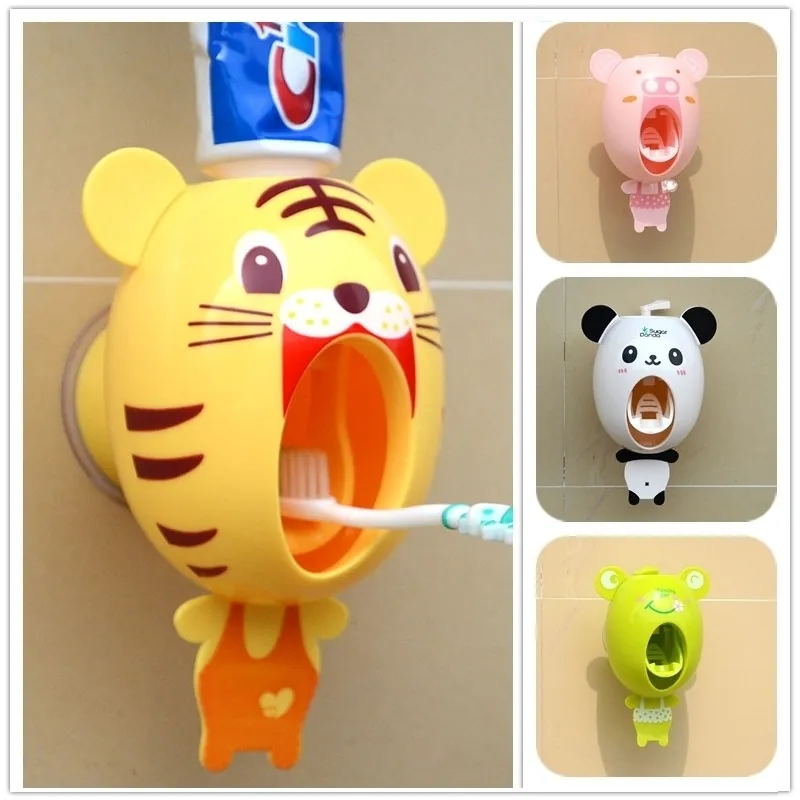 Cartoon Toothpaste Dispenser Strong Suction Sucker Bathroom Accessories Set Toothbrush Holder Automatic Tooth Brush Child Y200407