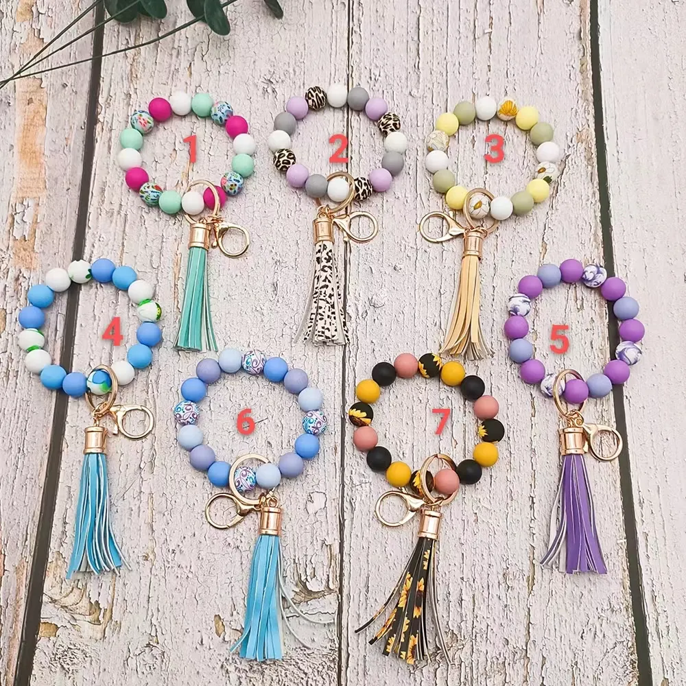 Foreign trade food grade silicone beads bracelet keychain PU leather tassel pendant key ring female multi-color optional