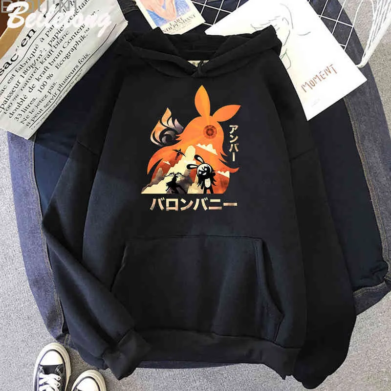 Amber Genshin Impact Anime Hoodie Streetwear Men Sweatshirt reghed assex Hip Hop Punk Cloths of Teens Black Pullovers Print Y220713