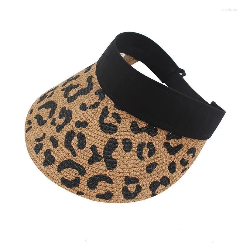 Cappelli a tesa larga da donna stampa leopardata cappello a cilindro vuoto da donna primavera estate berretto con visiera vacanza al mare visiera parasole cappello di pagliaampio Chur22