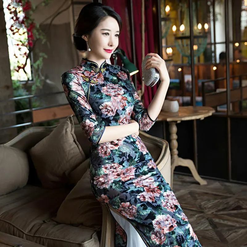 Ethnic Clothing Fashion 3/4 Sleeve Long Dress Qipao Dresses Vintage Chinese Style Cheongsam Velvet Daily Slim Printing DressEthnic