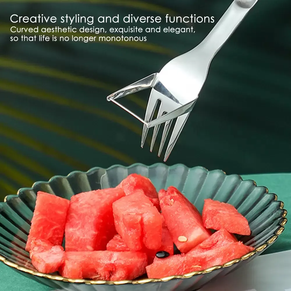 Kitchen Tools 2 in 1 Watermelon Slicer with Fork Durable Watermelon Cutter Stainless Steel Watermelon Cutting Ruler for Fruit Plate