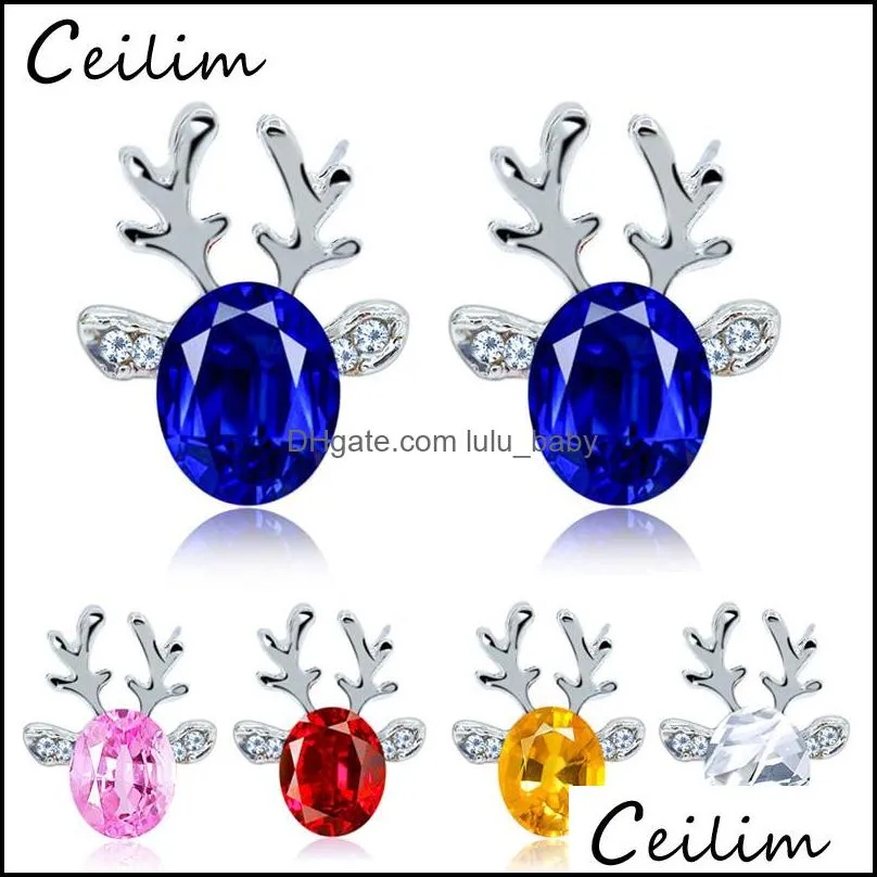 Christmas Reindeer Stud Earring Cute Three Dimensional Crystal Earrings Kids Christmas Gifts Red Blue Pink White Colors Wholesale