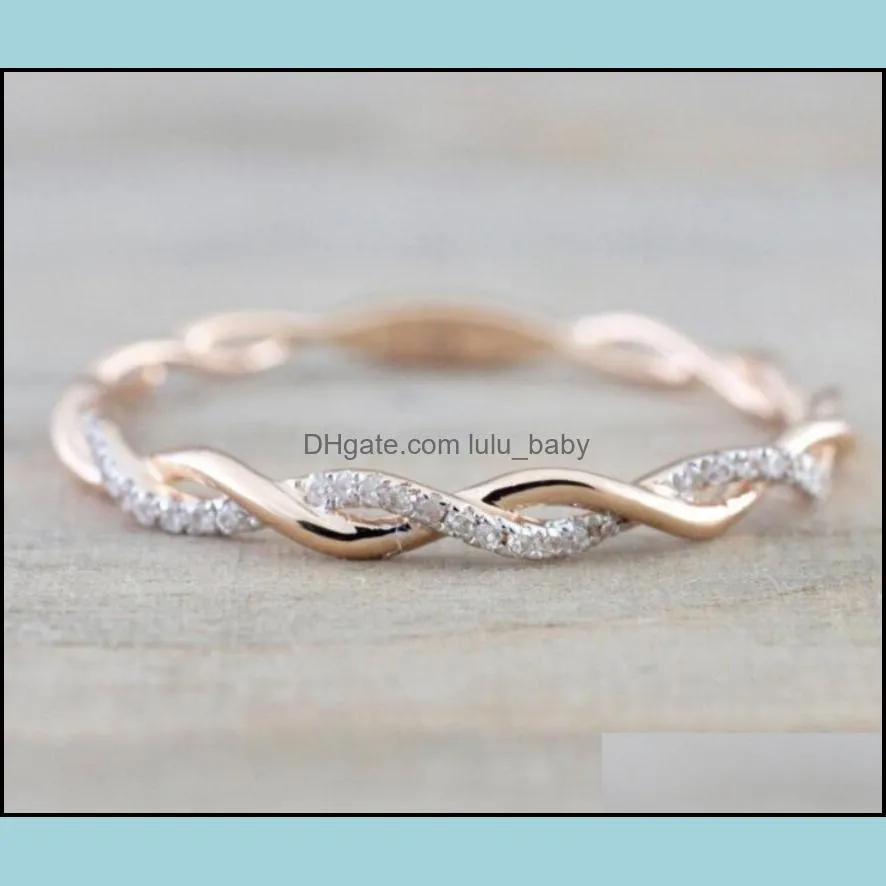 Bandringen sieraden nieuwe luxe trouwstijl ronde diamant voor vrouwen dunne rosé goudkleur twist touw stacking in roestvrijstalen druppel bezorging