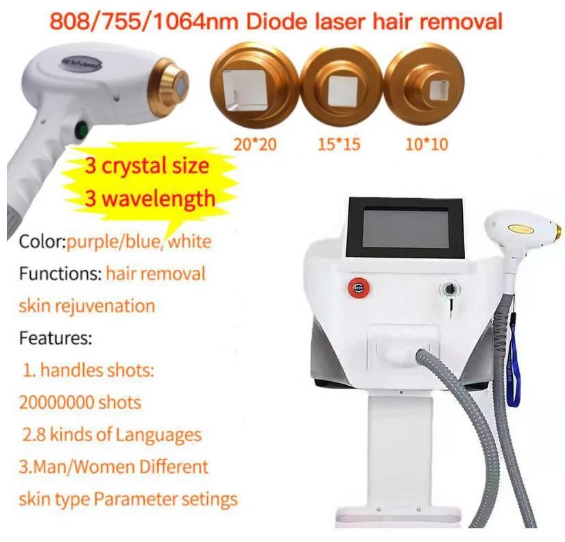 Hot Portable 808nm Diod Laser Permanent Hårborttagning Depilacion Depilator Skönhetssalongsutrustning 3 våglängder 755nm 1064nm 808nm på rea