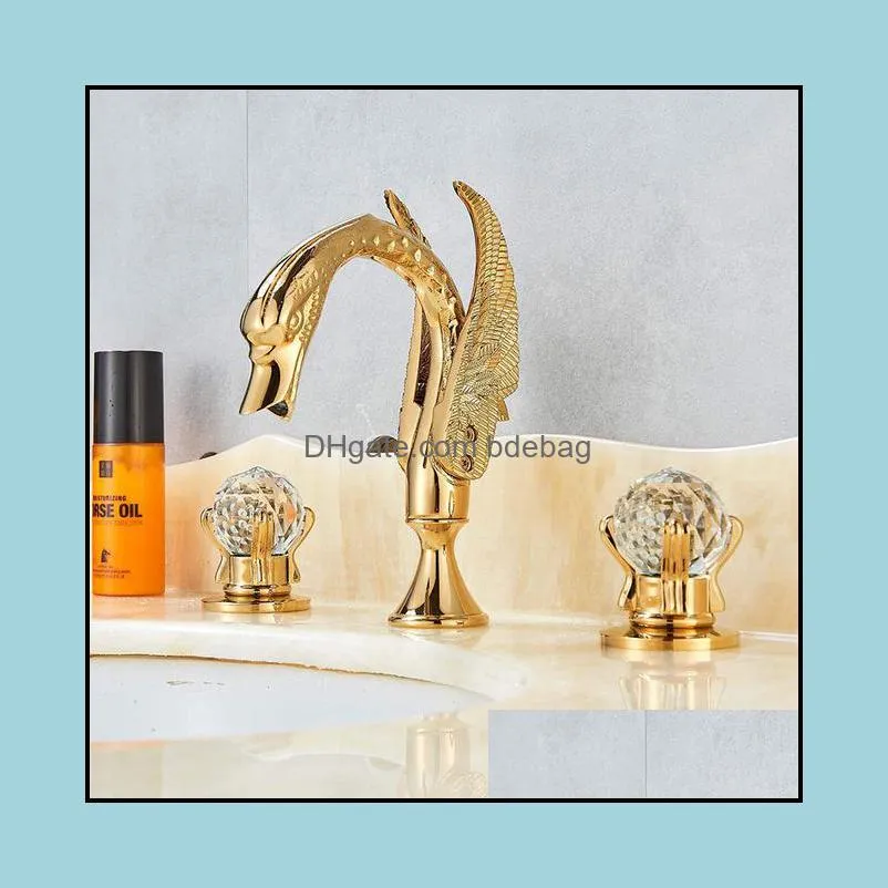 Wholesale And Retail Widespread Bathroom Sink Tap Polished Gold Swan Two Glass Handles 3 Hole Mixer Elegant tap