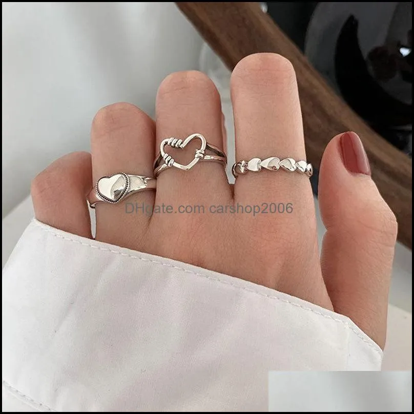 Кольца кольца ювелирные изделия Sier Retro Love Heart Hollow Open Ring Женщина Ins Trend Sweet Sexy Elegant Hip-Hop Fashion Dhfjr