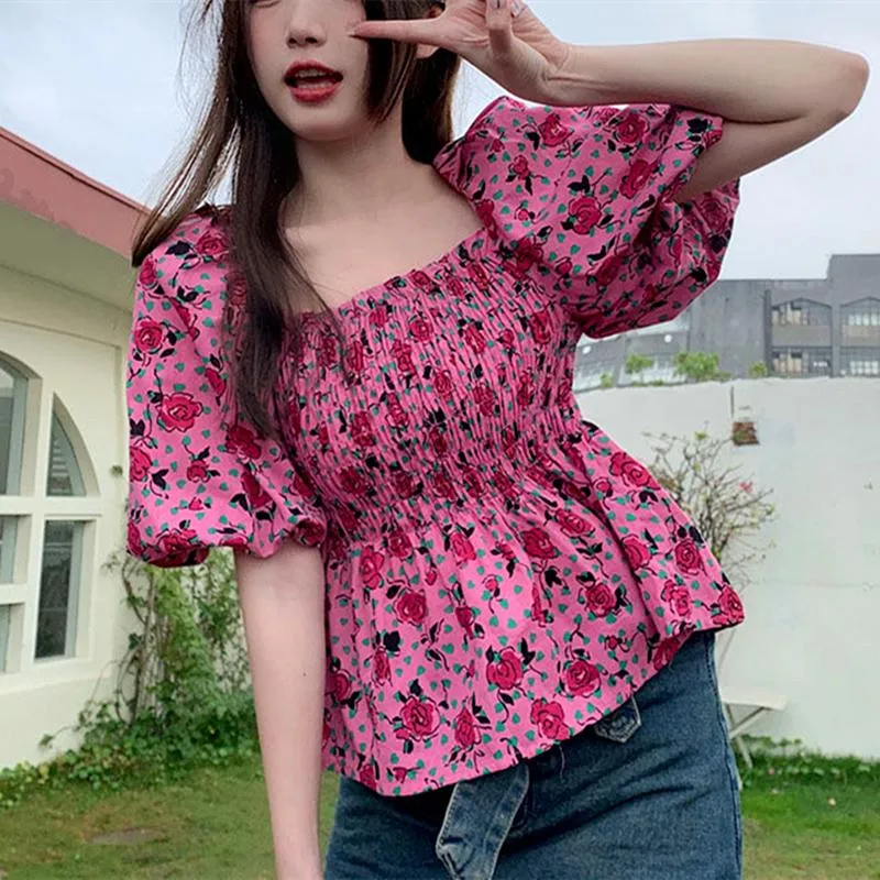 Blusas de mujer Camisas Estética Vintage Floral Puff Manga Cuello cuadrado Dulce Mujer Oficina Señoras Crop Tops Verano Moda coreanaMujer