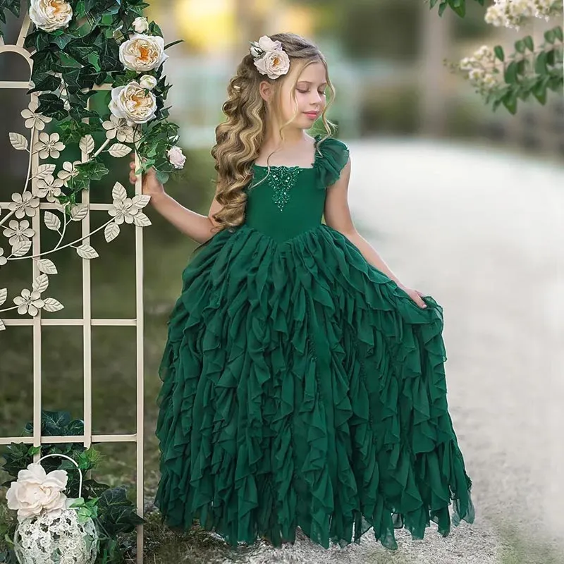 Dunkelgrüne Blumenmädchenkleider für Hochzeits gekräuselte böhmische Kleinkind -Festzugskleider Chiffon applizierte bodenlange Kinder Geburtstag