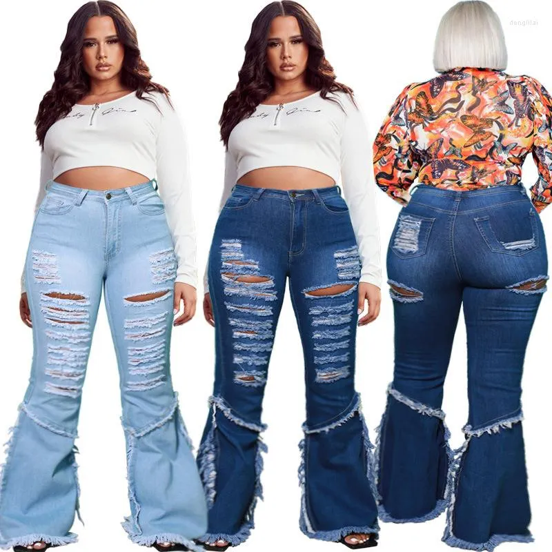 Byxor plus size african kvinnors mode trasiga koppar jeans smala blossade