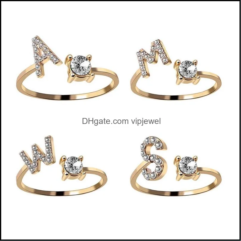 Gold Color Initials A-Z Letter Alphabet Adjustable Opening Rhinestone Finger Rings For Women Party Wedding Gift Jewelry