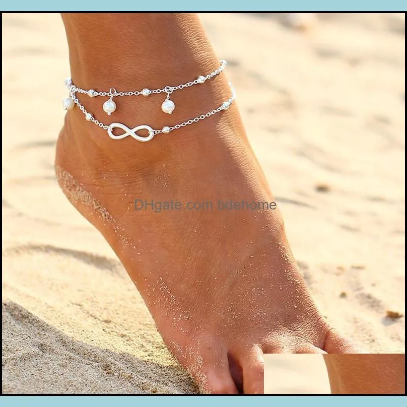 vintage fashion summer beach anklet bracelet infinity foot jewelry pearl bead gold silver chain anklets foot chain for women lots