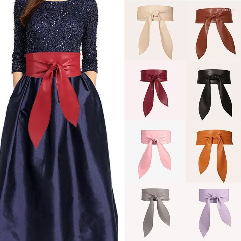 Bälten kvinnor elegant båge långt svart mjukt läder bred midjeband bowknot cummerbund klänning klädtillbehör Emel22