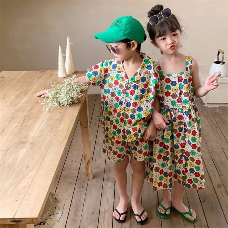 Mi Summer Boys Shorts 2PCS Girls Flower Suspender Dress Brother and Sister Set 220615