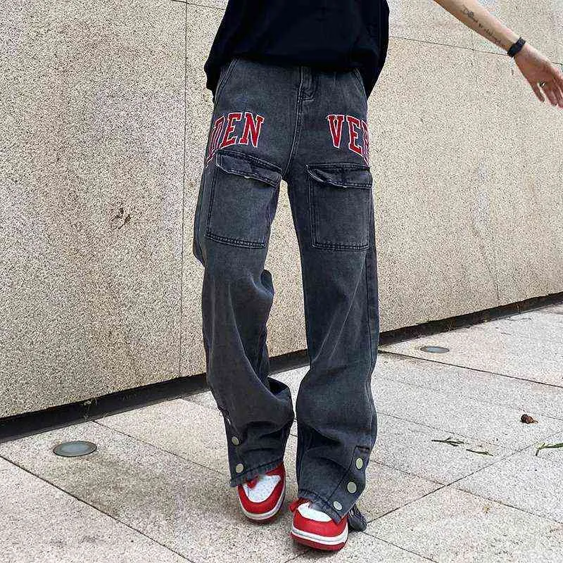 New Fashion Letter Embroidery Grey Straight Men Baggy Jeans Pants Ankle Button Loose Vintage Denim Trousers Y2K Hombre Vaqueros T220803