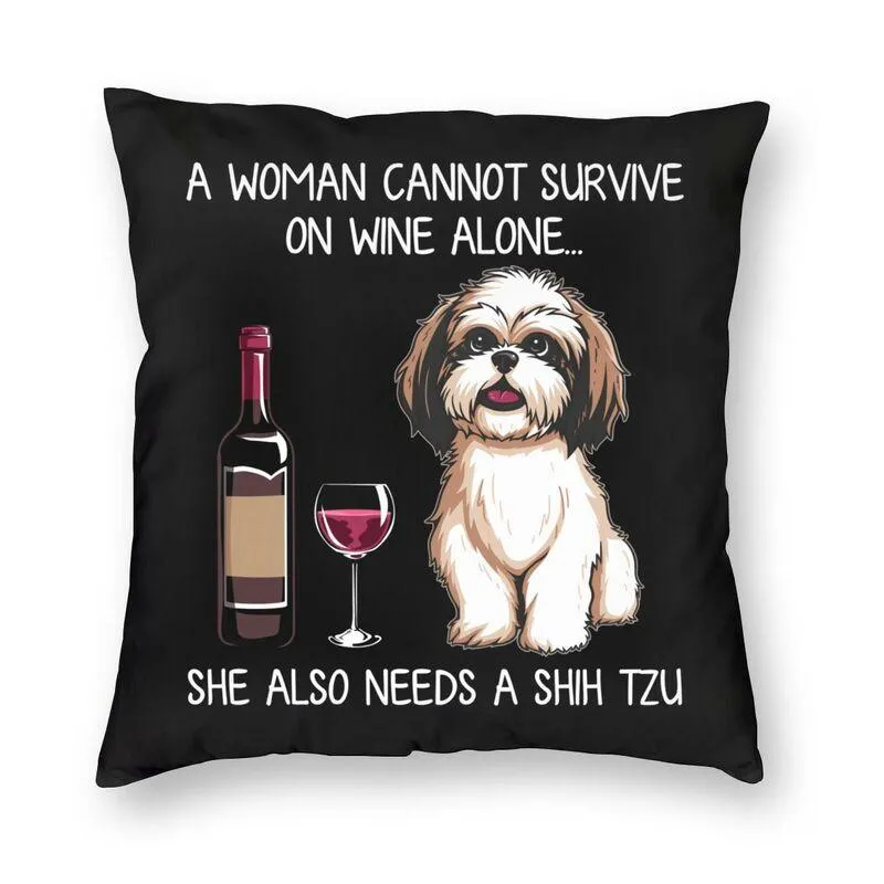 Almofada/travesseiro decorativo legal Shih Tzu e vinho capa quadrada para casa decorativa 3D impressão em dois lados almofada engraçada para cachorro para carro Almofada/De