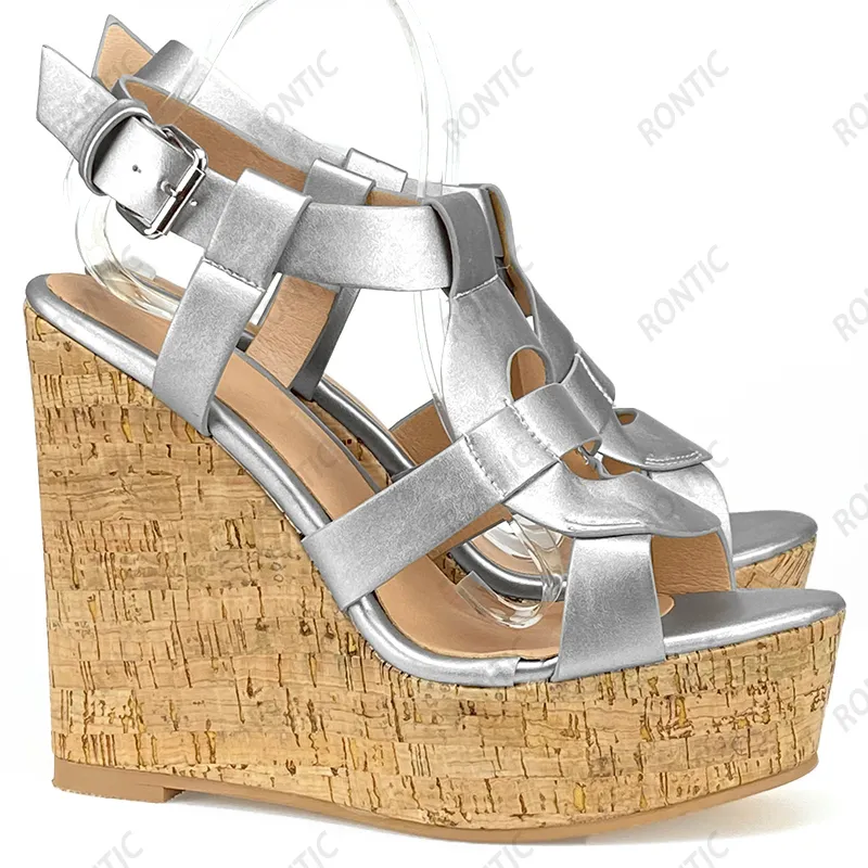 Rontic Hot Handgjorda Kvinnor Plattform Sandaler Wedges Heels Open Toe Buckle Strap Fabulous Gold Silver Party Skor Storlek 34 45 47 52
