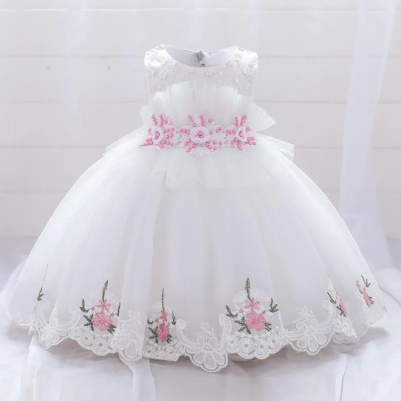 Vestidos de menina branco flor rosa batismo primeiro primeiro aniversário vestido para roupas de bebê menina criança princesa rendas festa miçangas fantasias 0-5 anos