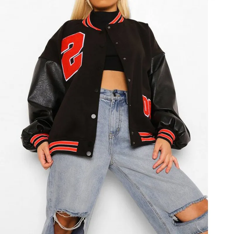 Womens Letter broderijacka Drop Shoulder Bomber Jackets Europe och USA: s baseball Nya Alfabetet Hip Hop Fleece Leather Coat SU2579