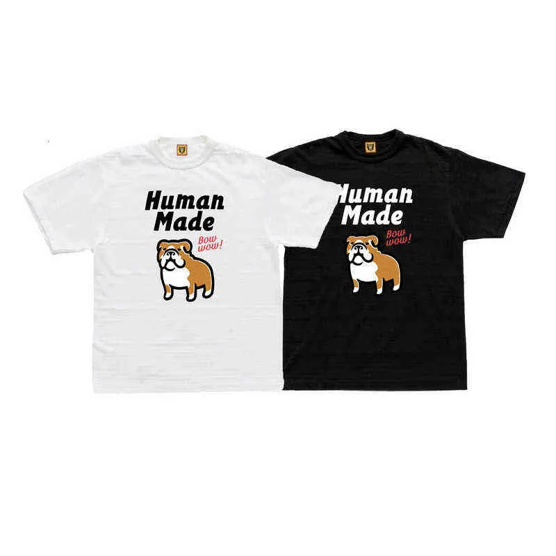 Made Human Front Dog Bulldog Letter Kurzarm-T-Shirt aus geflammter Baumwolle