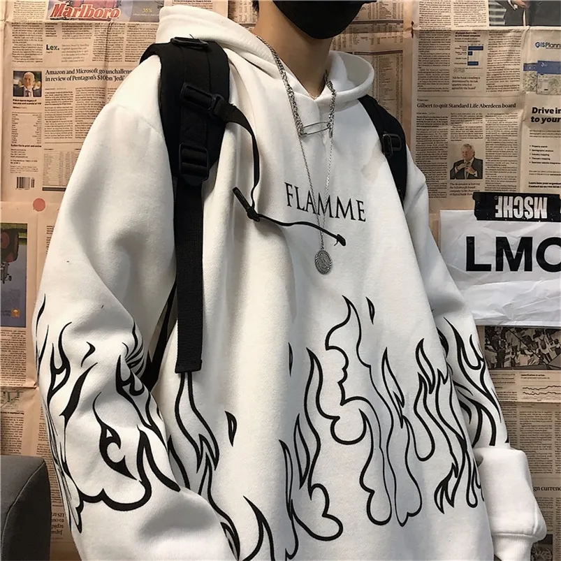 Kpop retro flame print hoodie Korean version ins Harajuku bf style street hiphop loose plus velvet sweatshirt for men and women 220726