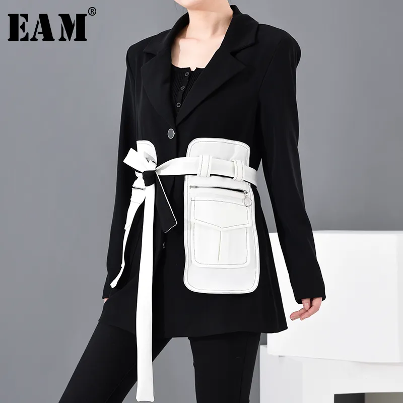 EAM Ship Fit Black Contrast Color Big Pocket Bandage Jacket Lake Lonate Ricke Women Paste Spring 1M50001 201026