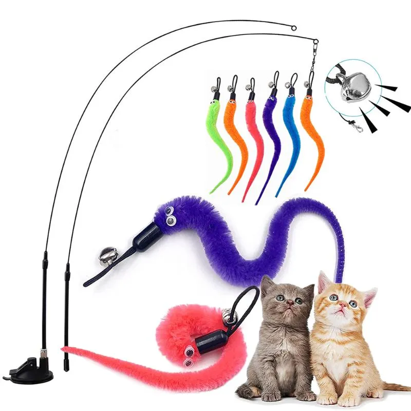 Cat Toys Interactive 1Pcs Sucker Stick Toy And 5Pcs Squiggly Worm Feathers Teaser Refills For Kitten Playing Wand ToyCat
