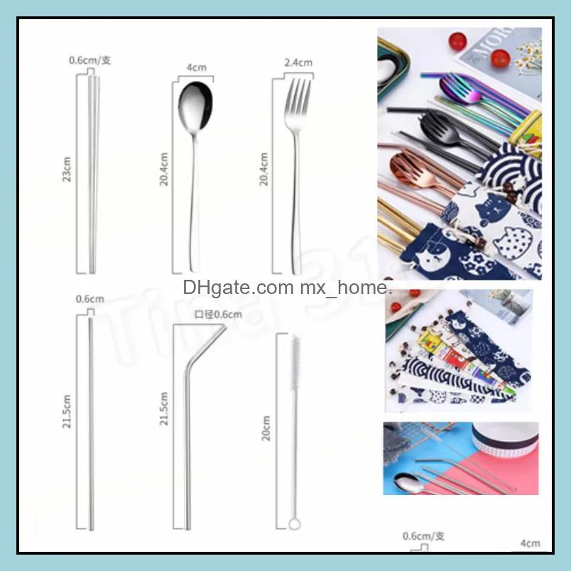 hot 7 Pieces Portable Dinnerware Straw Set Korean Cutlery Set Stainless Steel Tableware Set Kitchen Tools With Cloth bag