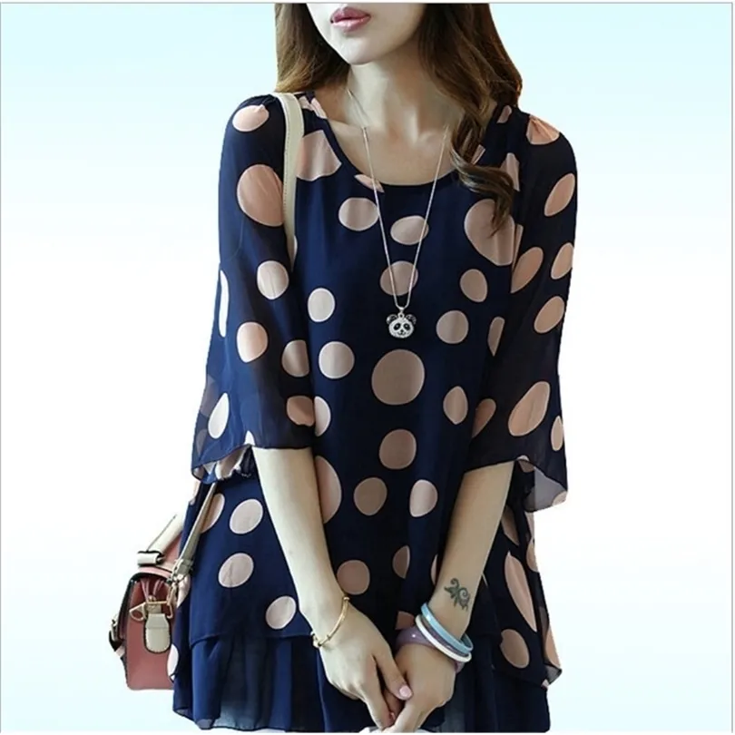 Feminina Robe coréenne femmes chemisier Chemises New Summer Plus Size Sweet Ruffles Office Wear Polka Dot en mousseline de soie Blouse Tops HJ859 T200322