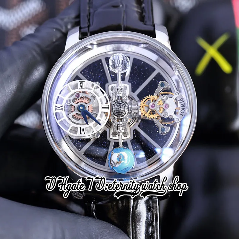 2022 Astronomia Tourbillon Swiss Quartz Mens Watch Rose Gold Steel Case Sky Skeleton 3D Globe Dial won t spin Brown Leather Strap Static version