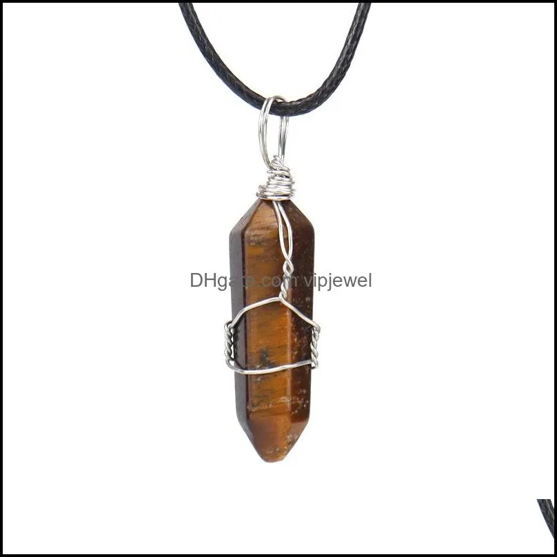 wire wrap quartz point pendant necklaces reiki healing crystal tiger eye amethyst opal aventurines necklace for women jewelry