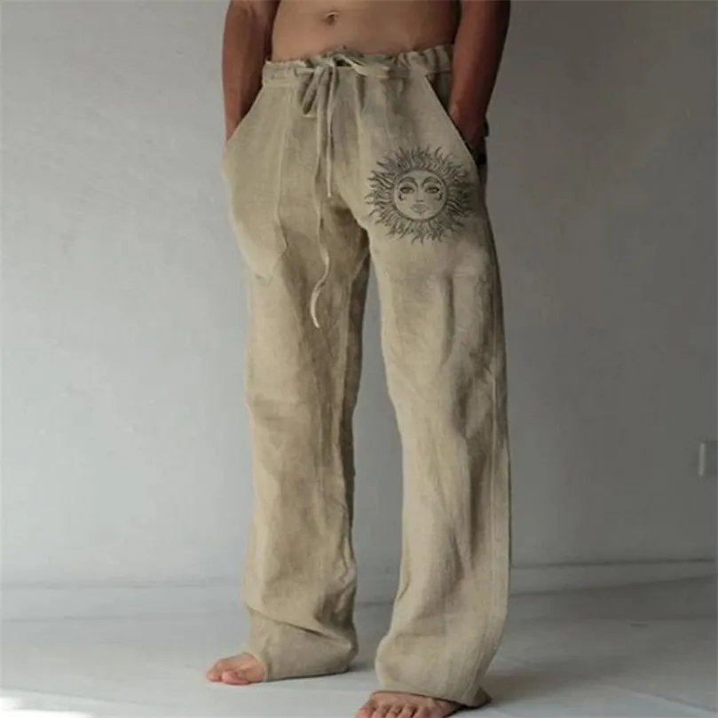 Mens Casual Pants sweatpants Sun Flower Print Full Length Pants Pocket Drawstring Linen Trousers Men 220621