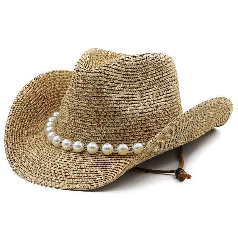 Western Summer Outdoor Women Hand-woven Cowboy Straw Hats Girl Wide Brim Breathable Beach Jazz Cap Sun Protection Hat