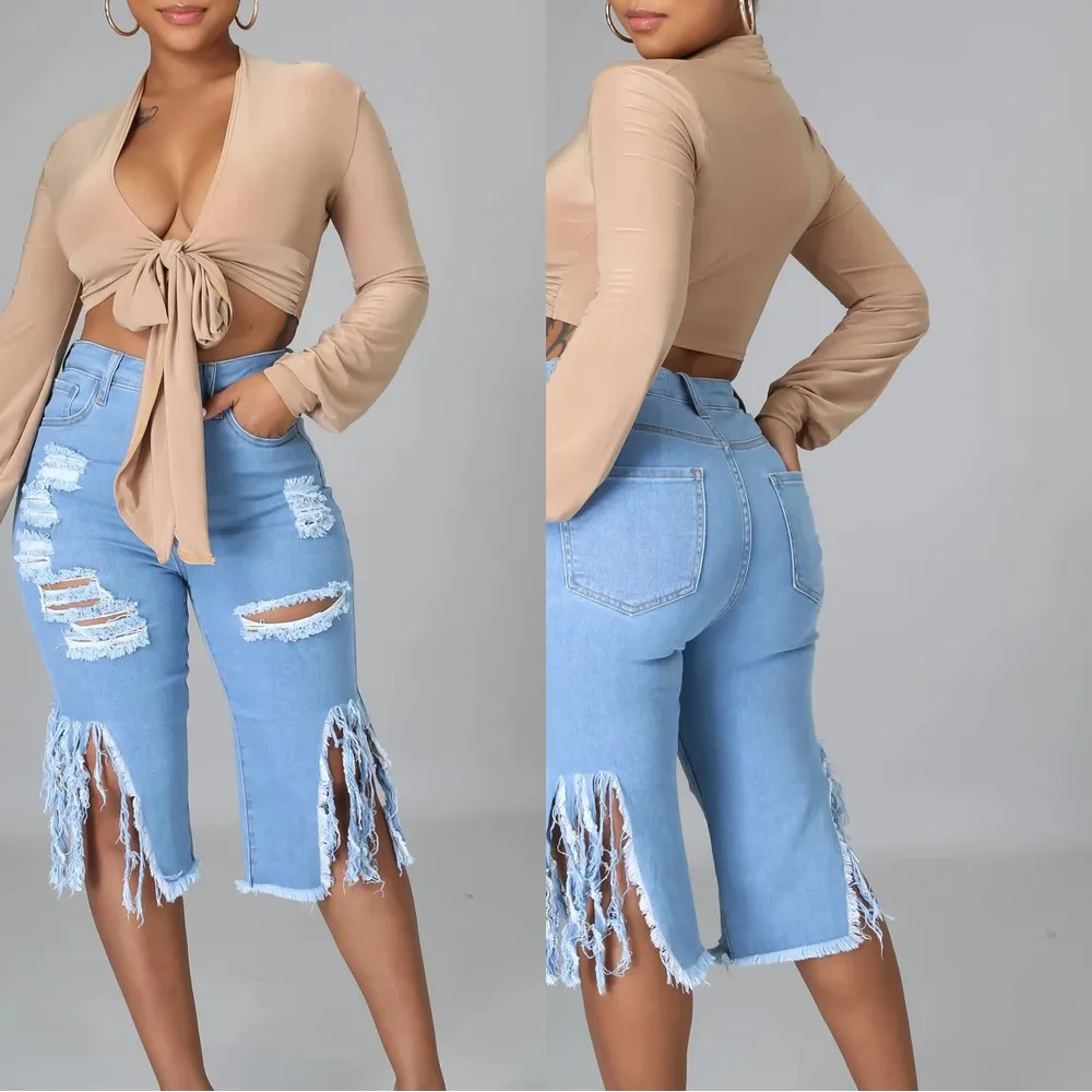 Short en jean à pampilles pour femme, pantalon coupé élastique, court en Denim, déchiré et délavé