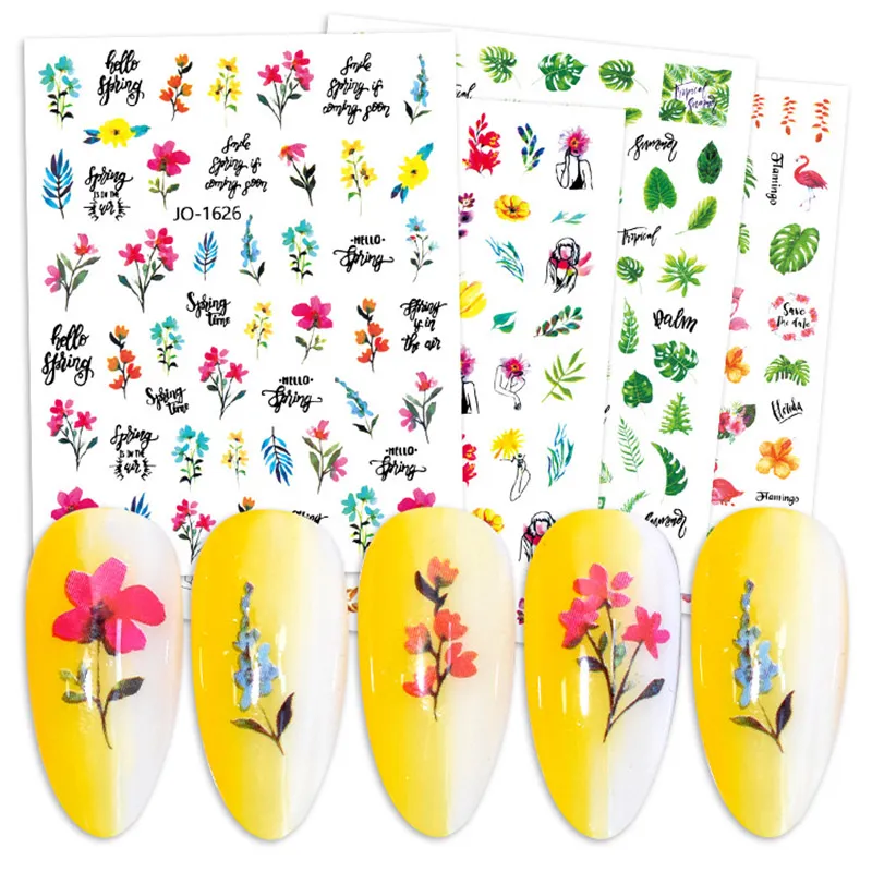 Vår Färgglada Självhäftande Nail Stickers Nail-Dekaler Blommor Löv Abstrakt Gorgeous Nail Embossed Patch Nail-Art Manicure DIY Dekoration ZL0687