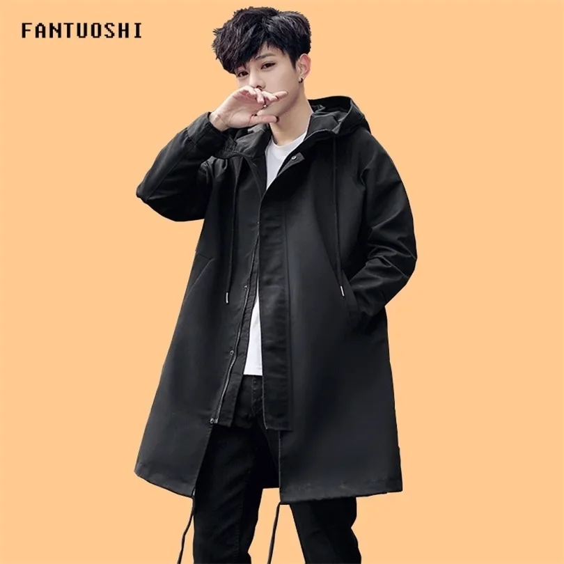 Men's jacket Spring and autumn new fashion hooded long coat windbreaker men's solid color loose jacket large size men's clothing T200502