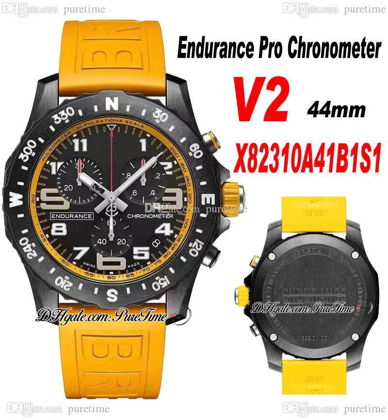 2022 V2 Endurance Pro 44mm Cronografo al quarzo Miyota Orologio da uomo X82310A51B1S1 Acciaio PVD Quadrante nero Cinturino in caucciù giallo Cronometro Super Edition Puretime G03E5