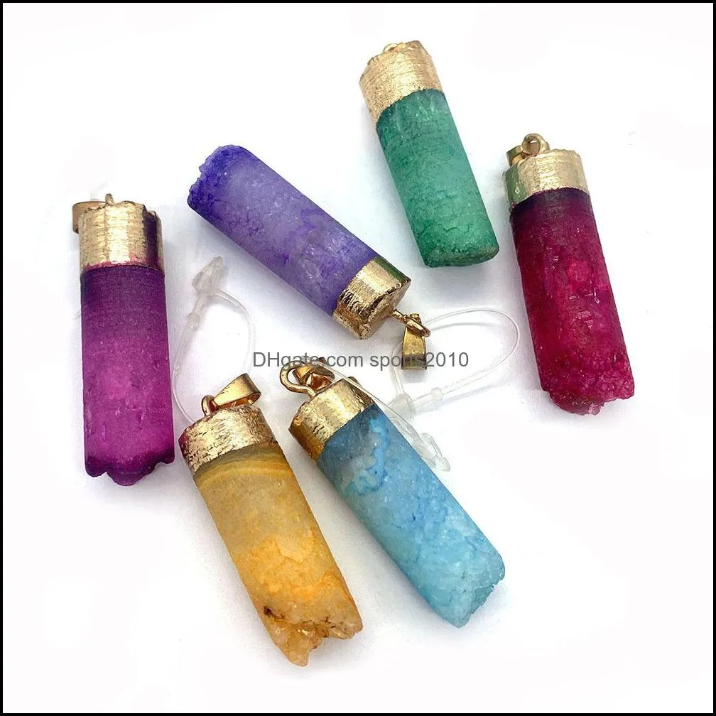 colorful druzy crystal stone cylindrical charms pendant for jewelry making chakra reiki healing green pink yellow pendants sports2010