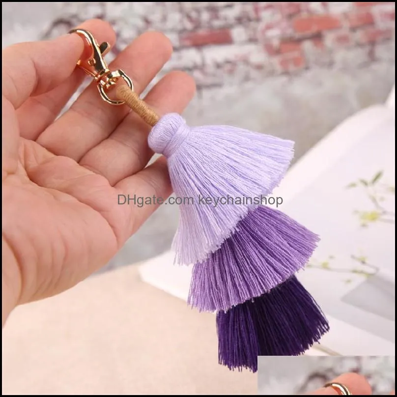 dhl three layers cotton tassel keychain bohemian boho style women bag pendant multicolor handmade key chain 10 colors