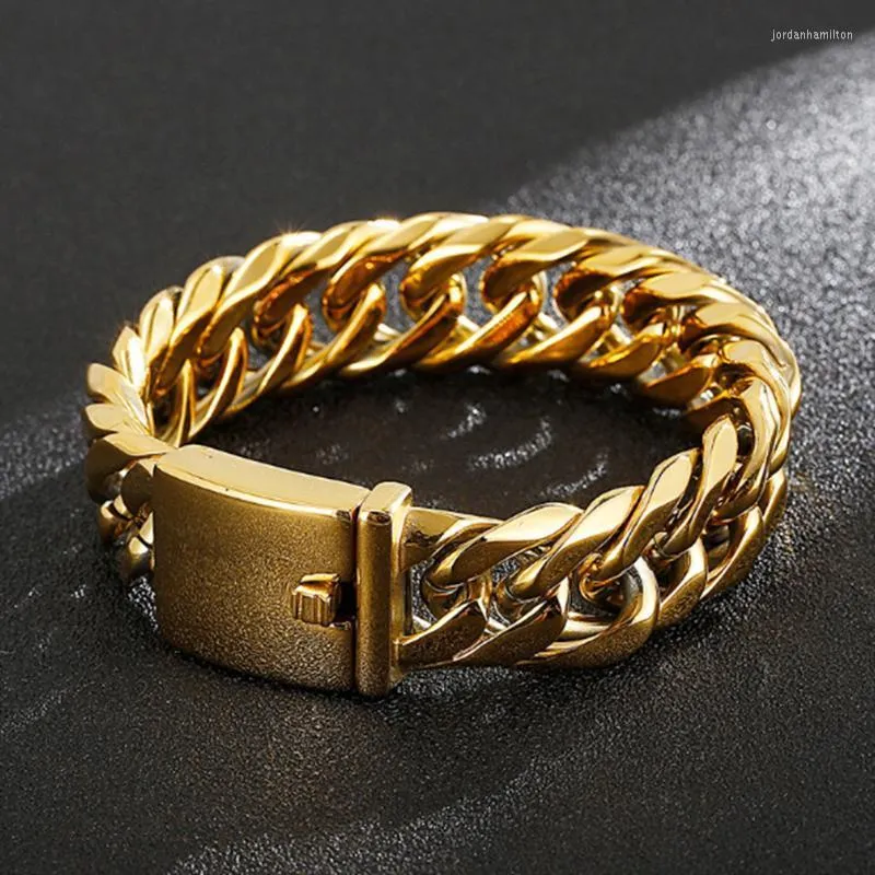 Sterke sieraden 16 mm zilveren kleur/goud/zwart metaal roestvrij staal dubbele Miami Cuban Link Chain Men's Bracelet polsband 7-11 "