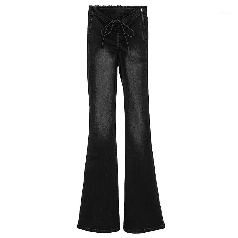 Calça jeans feminina xuxi calças de jeans drawtring women 2022 primavera outono versátil cintura baixa slim long e3473