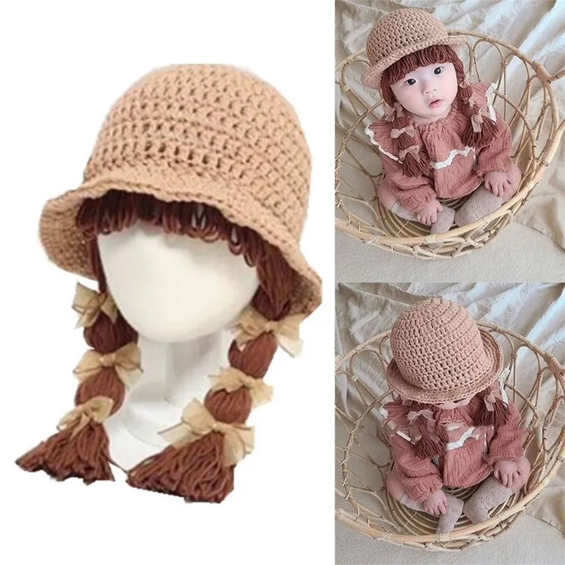 Autumn Winter Handmade Knit Baby Wig Bowknot Hat born Wigs Brades Crochet Cap 220514